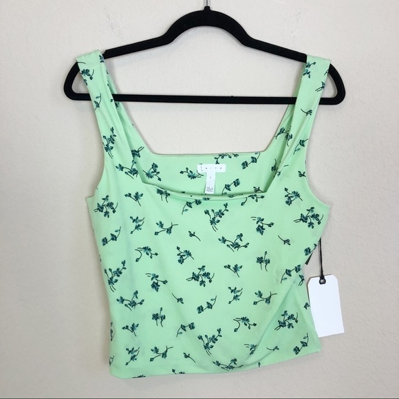 New Leith Women's Cropped Top Size L Sleeveless Square Neck Floral Print Green - Picture 3 of 9